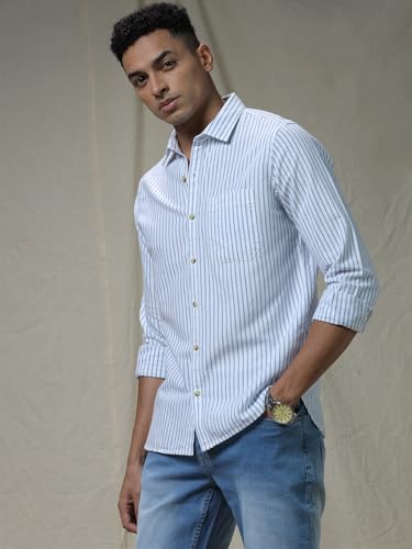 Image of WROGN Men's 100% Cotton Shirt | Striped Design | Slim Fit