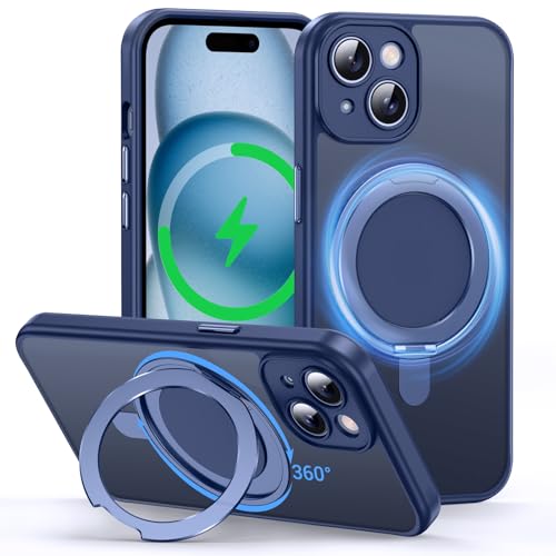 Flyzoo Funda magnética para iPhone 15, compatible con MagSafe, soporte de anillo giratorio de 360°, delgada, translúcida, a prueba de golpes, funda de silicona mate, 6.1 pulgadas, azul