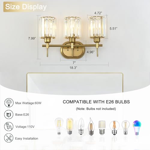 Image of Bathroom Vanity Light, 3-Light Brushed Gold Bathroom Light Fixtures, Modern Wall Sconces with Crystal Clear Shades, Wall Mounted Lamp Over Mirror for Bedroom Living Room
