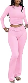 Women's 2 Piece Outfits Foldover Flare Pants Long Sleeve Crew Neck T-shirt Fitted Pajama Sets