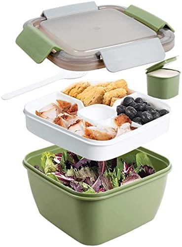 Greentainer to Go Salad Lunch Container with 68 OZ Salad Bowl, Large Bento Lunch Box with Lid, 5-Compartment Trays & Dressing Container, Stackable, Leak-Proof, BPA-Free,Microwave & Dishwasher Safe