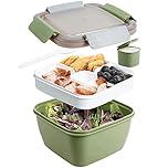Greentainer 52 OZ to Go Salad Container Lunch Box, BPA-Free, 3-Compartment for Salad Toppings and Snacks Bowl with Dressing Container, Built-in Reusable Spoon, Microwave Safe(Army Green)