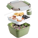 Greentainer To Go Récipient à salade de 1.5L, sans BPA, 3 compartiments pour garnitures de salade et collations, cuillère réutilisable intégrée, passe au micro-ondes (Armée verte)