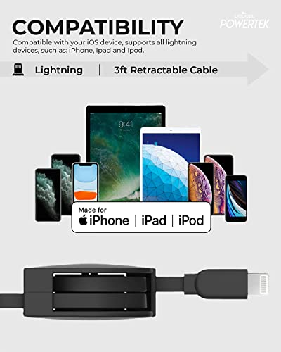 Liquipel Powertek Retractable Mfi Certified Charger Compatible For Apple Iphone, Ipad, 3Ft Cable, Lightning To Usb Cable Cord, Fast Charging Lightning Cable (Black) #TOP4