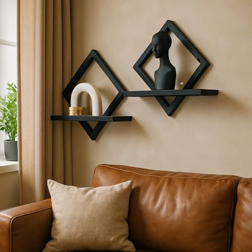 Schweberegale für die Wand,dekoratives Wandregal,hängendes Regal für Pflanzen,Aufbewahrung und Präsentation,Innenraumdekoration für Wohnzimmer,Zuhause,Büro,Massivholz,Diamantform,2er-Set,schwarz