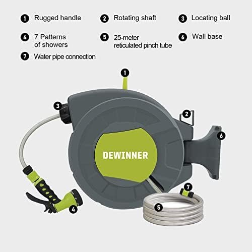 DEWINNER Garden Hose Reel, Wall Mount Auto Reel with Spray Nozzle, Auto Rewind Holder Storage, Wall Mounted Hanger, 25M Hose Pipe+2M Tap Connect Hose for Outdoor Watering