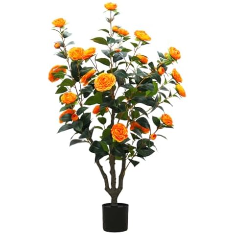 Olrla Artificial Camellia Tree 40'' Faux Floral Plant in Pot with Orange Flowers and Green Leaves for Indoor Outdoor Decoration Cover