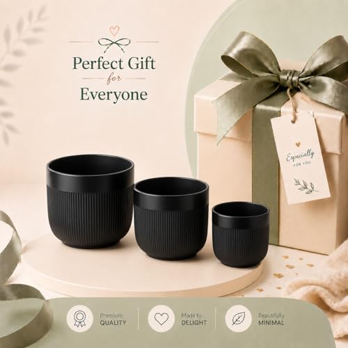 Image of Xtore Ceramic Ribbed Planter Set with Matte Finish | Minimalist Design | for Home, Office, Balcony & Living Room Decor - (Set of 3, Black)