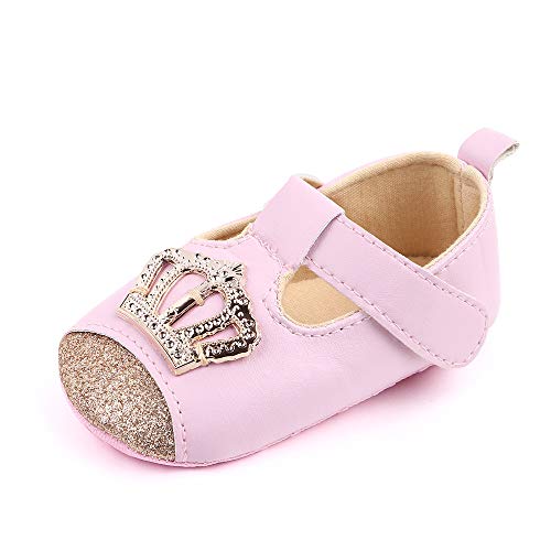 Baby Toddler Girls Soft Sole T-Strap Mary Jane Moccasinss for Infant Prewalkers Cute Crown Party Wedding Dress Shoes, Pink 12-18 Months