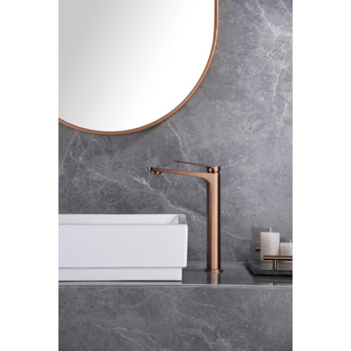 MICE - Grifo monomando con caño alto para lavabo fabricado en latón - grifo de lavabo caño largo apto para Agua frio/caliente - Serie Napoles Oro Rosa Cepillado BDN047-3ORC