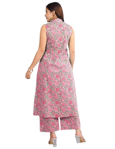 Image of Cotton Printed Front Slit Kurta with Palazzo Set for Women