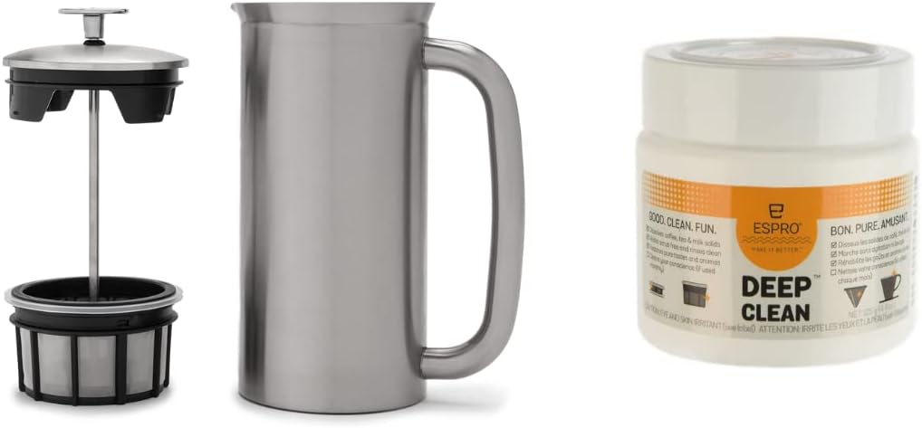 ESPRO - P7 French Press - Double Walled Stainless Steel Insulated Coffee and Tea Maker with Micro-Filter - Keep Drinks Hotter for Longer (Brushed Stainless Steel, 32 Oz) Cleaning Powder