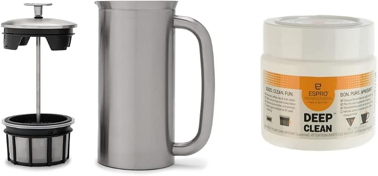ESPRO - P7 French Press - Double Walled Stainless Steel Insulated Coffee and Tea Maker with Micro-Filter - Keep Drinks Hotter for Longer Brushed Stainless Steel, 32 Oz Cleaning Powder