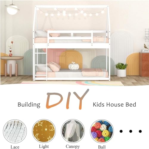 Bellemave Twin Over Twin House Bunk Bed for Kids,Floor Low Bunk Beds with Ladder and Guardrails,Solid Wood Twin Size Bunk Bed for Girls Boys,Twin Over Twin,White