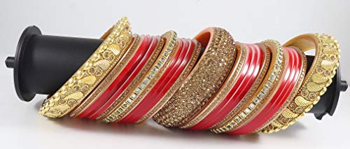 Image of NMII Traditional Gold Plated Acrylic Bangles Bridal Chuda Set For Women & Girls with Zircon Diamond & Pearls Beads Work | Royal Wedding Chudas | Premium Look | Bangles For Wedding, Festive, Function