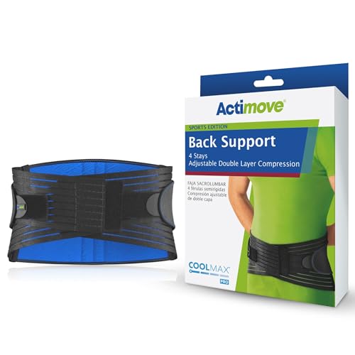 Actimove Sports Edition Back Support with 4 Stays, Adjustable Double Layer Compression – For Back Strains, Muscle Insufficiency – Black, Large