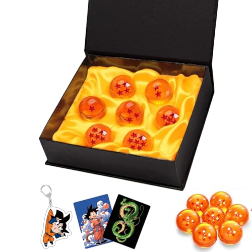 Byhotome Dragon Balle,1 à 7 Etoiles Boules de Cristal Boules de Dragon avec Porte-clés,Carte d'Invocation de Shenlong,4.3CM DBZ Boules à Collectionner pour Fête Costumée,Les Anniversaires et Noël