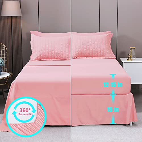 Hymokege Pink Queen Comforter Set Seersucker 8 Pieces, All Season Luxury Bed In A Bag For Bedroom, Bedding Set With Comforters, Sheets & Skirt, Pillowcases & Shams #TOP3