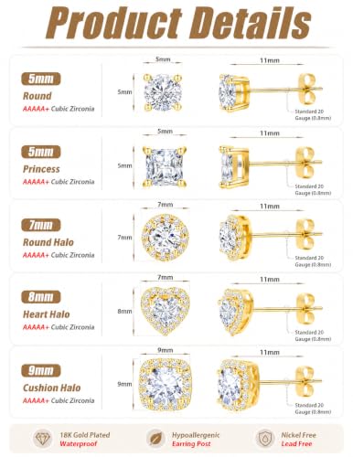 Image of 5 Pairs 14K Gold Plated Stud Earrings for Women, Hypoallergenic Earring Sets for Multiple Piercing, Premium Cubic Zirconia Studs Earrings for Women
