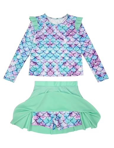 Image of Girls Rash Guard Swimsuit Set Long Sleeve 2 Pieces Bathing Suit Swimming Skirt with Shorts 4-13Y