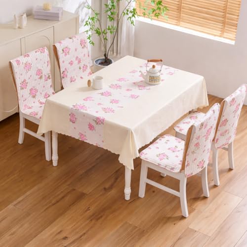 Image of HOMETHREADS Floral Cotton Chair Cover Set | Soft & Comfortable Seat Covers with Anti-Skid Non-Slip Backing + Waterproof Dining Table Cover (140x180 cm) (White Pink, 4 Chair Covers + 1 Table Cover)