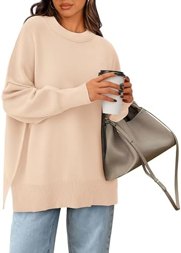 PRETTYGARDEN Women's Oversized Sweater 2025 Casual Fall Outfits Crewneck Long Sleeve Side Slit Chunky Knit Pullover Tops