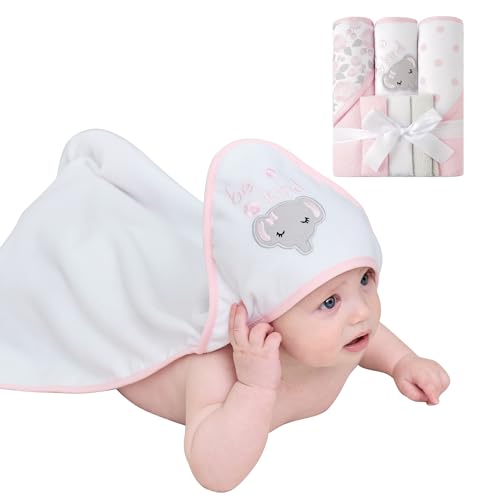 Image of Viviland Baby Towels and Baby Wash Cloths Set Hooded Baby Towels Baby Wipes Absorbent Bath Face Towels Burp Cloths or Face Towels for Girl Boy 6-Pack Size 28 x 28 Inch(Elephant Flower)