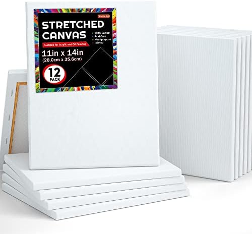 12 Pack Canvas for Painting, Shuttle Art 11x14 Inches (28 x 36 cm) Stretched Blank Canvas Boards, 100% Cotton, Primed White Painting Canvas, Canvases for Acrylic, Oil, Acrylic Pouring Painting