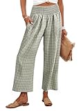 ANRABESS Women Striped Gingham Wide Leg Palazzo Pants Casual Lounge Cropped PJ Bottoms Comfy Cute Plaid Pants with Pockets Army Green White Plaid Medium