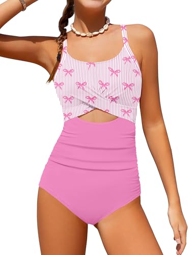 Image of Girl Swimsuit One Piece Cutout Ruched Bathing Suit for Girls Color Block Adjustable Straps Pad Swimwear 9-18y