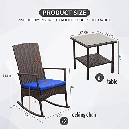 Outdoor Pe Wicker Rocking Chair 3-Piece Patio Rattan Bistro Set 2 Rocker Armchair And Glass Coffee Side Table Furniture, Washable Lacing Cushion (Royal Blue) #TOP2