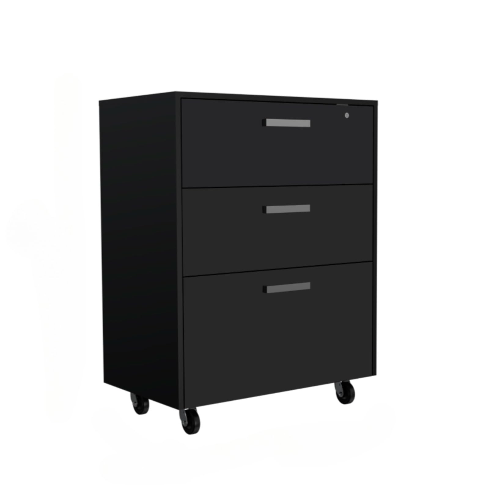 Wheloy 3-Drawer Mobile Storage Chest with Lock and Key, Black Rectangle Filing Cabinet with 27.55" Wide Desktop, Durable Casters for Easy Mobility,