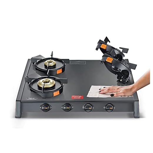 Prestige Svachh Glass Top Gas Stove with 4 Liftable Brass Burners for easy cleaning(GTSB-04)|Jumbo Brass Burner|Sturdy pan support|2 years warranty|5 years warranty on glass