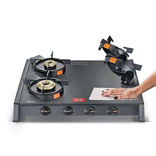 Prestige Svachh Glass Top Gas Stove with 4 Liftable Brass Burners for easy cleaning(GTSB-04)|Jumbo Brass Burner|Sturdy pan support|2 years warranty|5 years warranty on glass