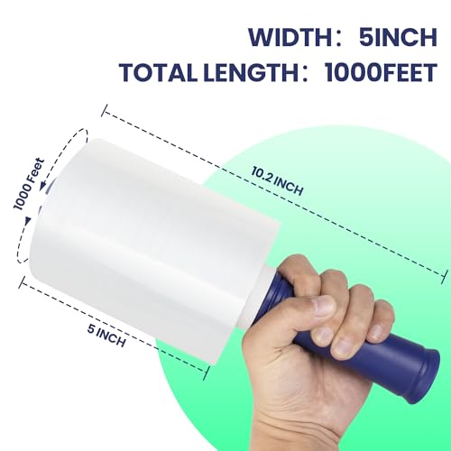 Image of Adhes Recyclable Stretch Wrap Film 5 Inch x 1000 Feet, 2 Rolls with Handle, Heavy Duty Plastic Pallet Wrap for Moving, Packing, Shipping, Eco-Friendly, Tear Resistant, Self Adhering Clear Film