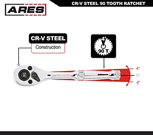 Ares 42048-3-Piece 90 Tooth Ratchet Set - Premium Chrome Vanadium Steel Construction & Mirror Polish Finish - Quick Release For Easy Socket Change - 90-Tooth Reversible Design With 4 Degree Swing #TOP1