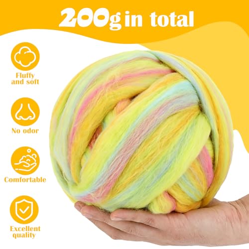 Image of Wool Roving 7.02oz Colored Natural Needle Felting Wool Bulk for Spinning, Arm Knitting Blanket, Wet Felting, Handcrafts, Yarn Roving for DIY Craft Materials(Mint Cream Ombre)