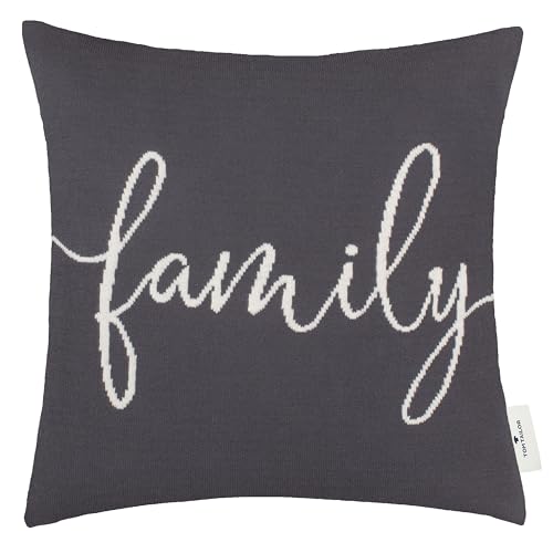 TOM TAILOR Weihnachtskissen grau – 100% Baumwolle – Kissenbezug Weihnachten Family Weihnachtsmotiv – Deko Kissenbezuge 40x40cm kuschelig weich, für Sofa Bett & als Geschenkidee