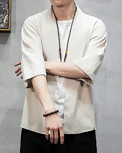 Ambcol Men\'s Kimono Jackets Cardigan Loose Cotton Linen Blend 3/4 Sleeve Open Front Casual Summer Shirt 12-Beige Medium