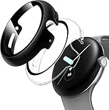 Google Pixel Watch 2/Pixel Watch 1 用 ケース 保護 ガラスフィルム 一体型 PC+TPE材質 二重構造 全面保護 超薄型 高耐久 装着簡単 耐衝撃 高透過率 指紋防止 傷防止 カバー (ブラック+透明)