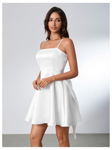 Image of WDIRARA Women's Satin Bow Homecoming Dresses Spaghetti Strap Wedding Guest Gown Summer Mini Dress