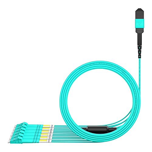 Image of AMPCOM MPO to LC Breakout Cable 50 /125μm Multimode OM3-300(12 Fiber, MPO to LC, Type B, LSZH /Riser, UPC, Aqua) 2m (6ft)
