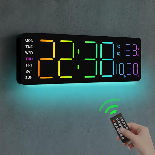 JoFomp LED Digital Clock Large Display with RGB Color Remote Control, 13" Large Digital Wall Clocks for Living Room Decor, Digital Alarm Clock with Temp/Timer/DST/Dimmer/Ambient Light - 12/24H