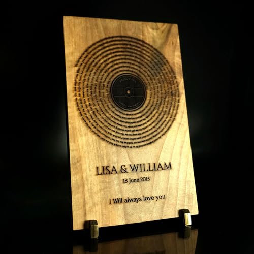 Personalized Engraved Song Lyric Plaque – Walnut Vinyl Record Style Wooden Gift with Custom Names, Date & Message – Anniversary or Wedding Keepsake