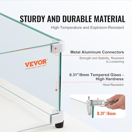 Image of VEVOR Glass Wind Guard for Rectangular Fire Pit Table 31 x 12.5 x 6.5 Inch, 0.31 inch Thick and Sturdy Tempered Glass Panel with Hard Aluminum Corner Bracket & Rubber Feet, Easy to Assemble
