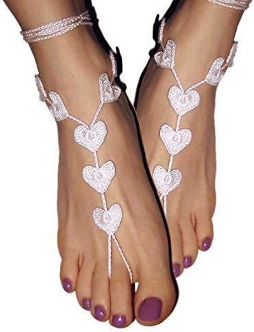 Heart Shape Beach wedding Barefoot Sandals, Crochet Anklet Women Foot Jewelry, Nude Shoes, Valentines Gift for Her