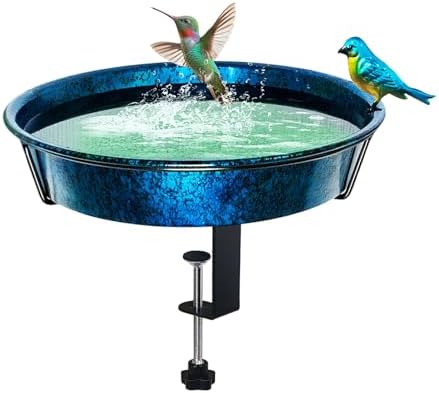 Deck Bird Bath for Outside, 11.5” Blue & Green Birdbath Bowl & Feeder with Adjustable Clamp for Balcony Railing Outdoor Garden Yard Decor