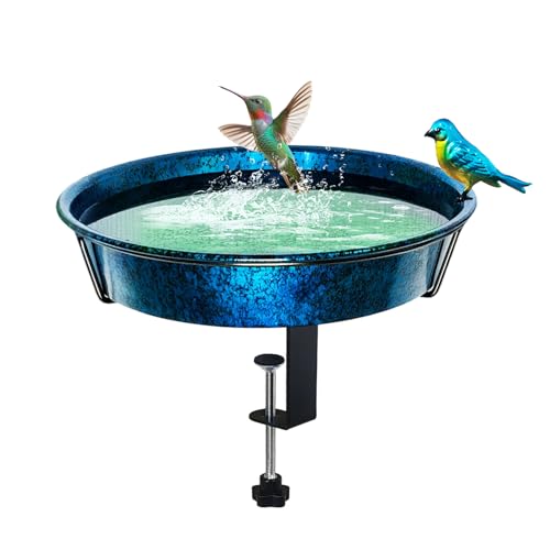 Deck Bird Bath for Outside, 11.5” Blue & Green Birdbath Bowl & Feeder with Adjustable Clamp for Balcony Railing Outdoor Garden Yard Decor by JiubinArt - Used condition - US$18.04