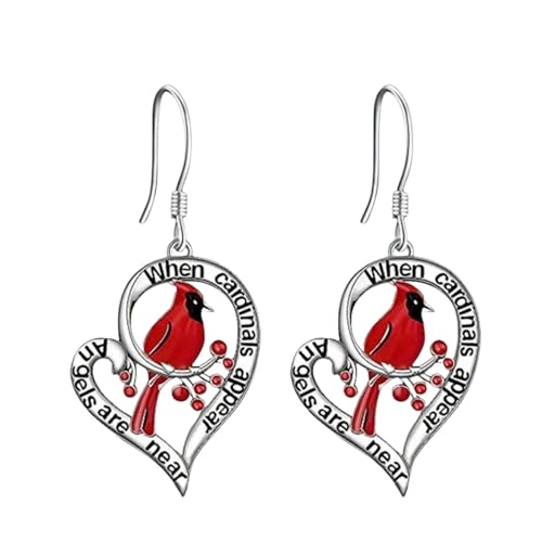 Cardinal Red Bird Dangle Drop Earrings for Women Dainty Bird Heart Fish Hook Earrings Memorial Jewelry
