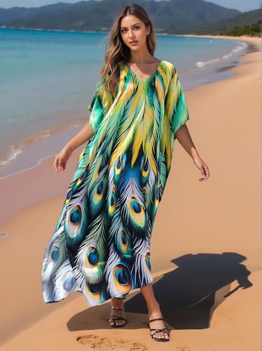 Image of IMAGEKOPE Kaftan Dresses for Women Plus Size Bathing Suit Cover up Vneck Batwing Dress Loose fit Moroccan Caftan mumu Dresses